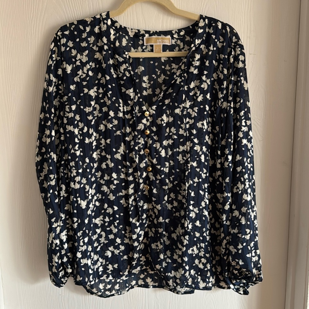 Michael Kors sheer blouse. Navy with white details.
